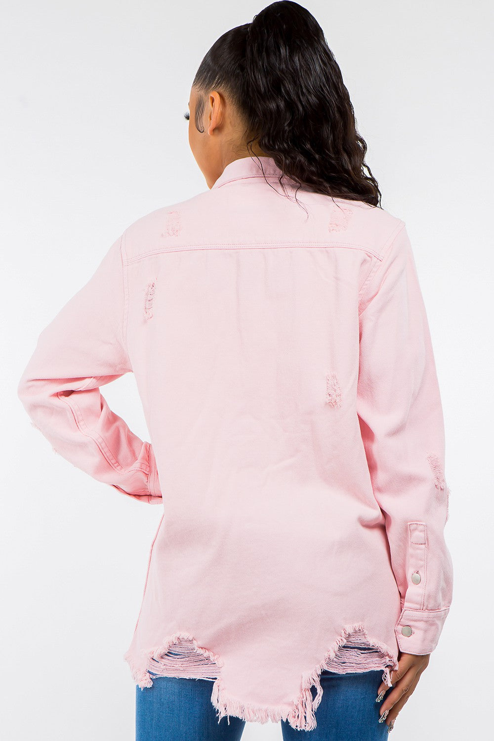 Frayed Hem Distressed Pink Denim Jacket