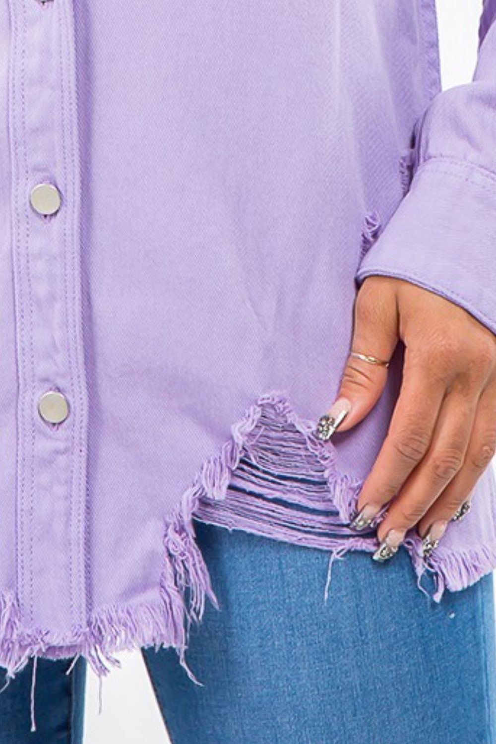 Frayed Hem Distressed Lavender Denim Jacket