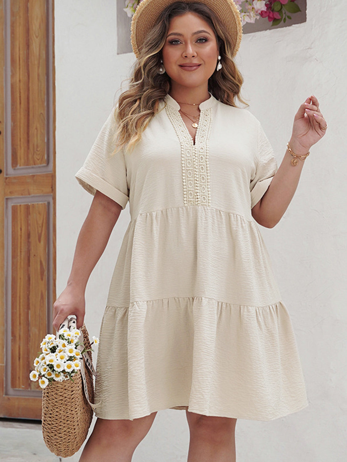 V-Neck Lace Front Notched Short Sleeve Dress