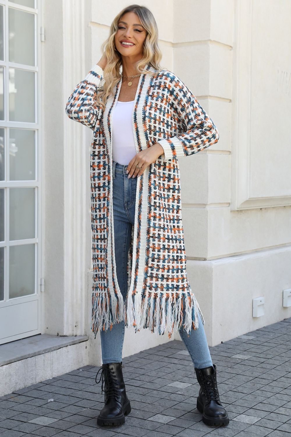 Multi-Color Knit Fringed Hem Cardigan