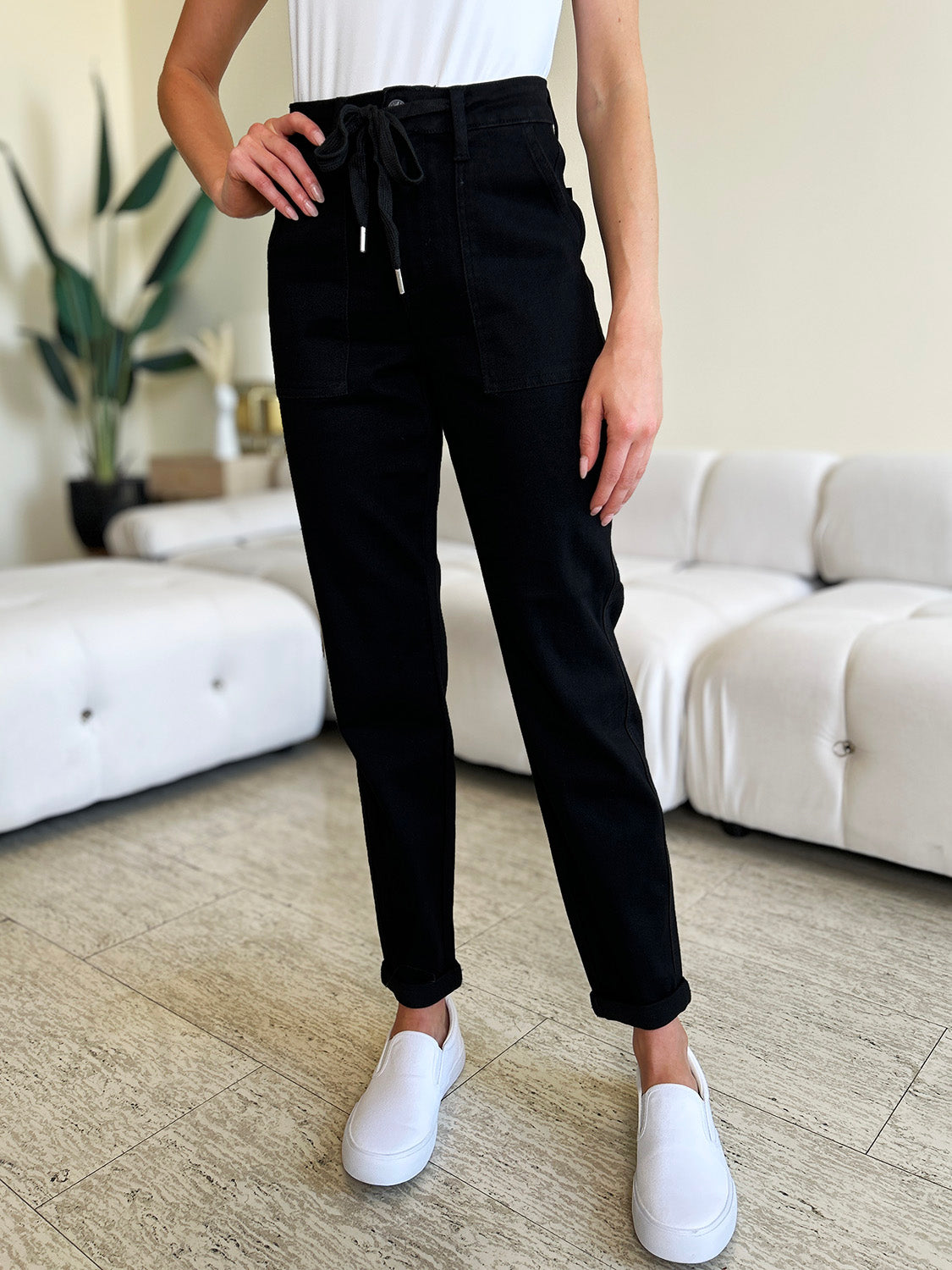 Black High Waist Double Roll Cuff Jeans