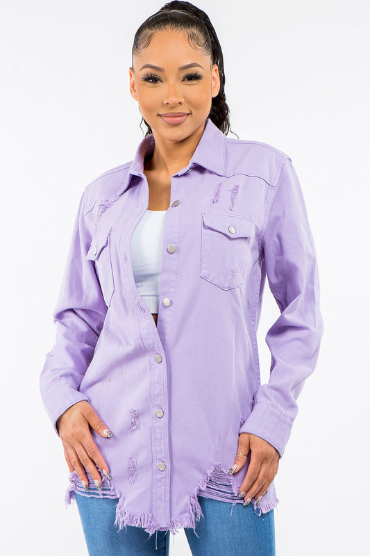 Frayed Hem Distressed Lavender Denim Jacket