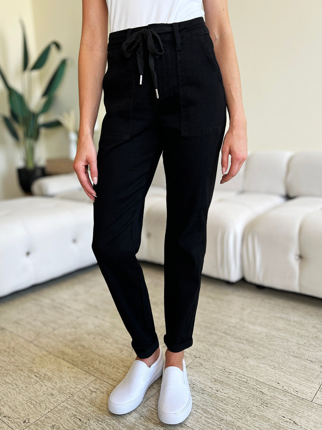 Black High Waist Double Roll Cuff Jeans