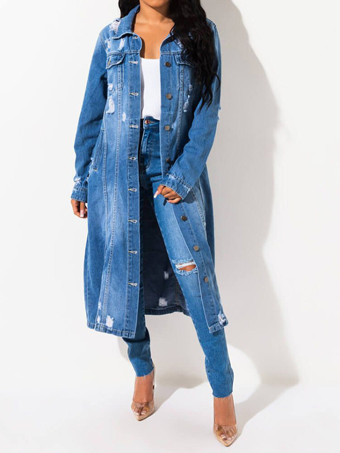 Modest Raw Hem Long Denim Jacket