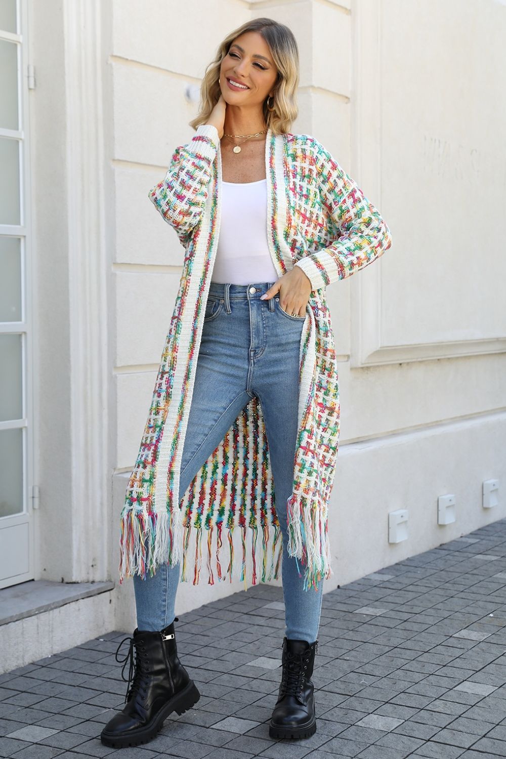 Multi-Color Knit Fringed Hem Cardigan