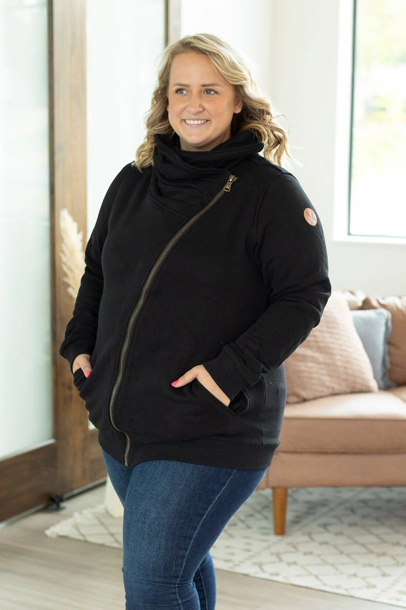 Asymmetrical Zip Black Cowlneck Jacket