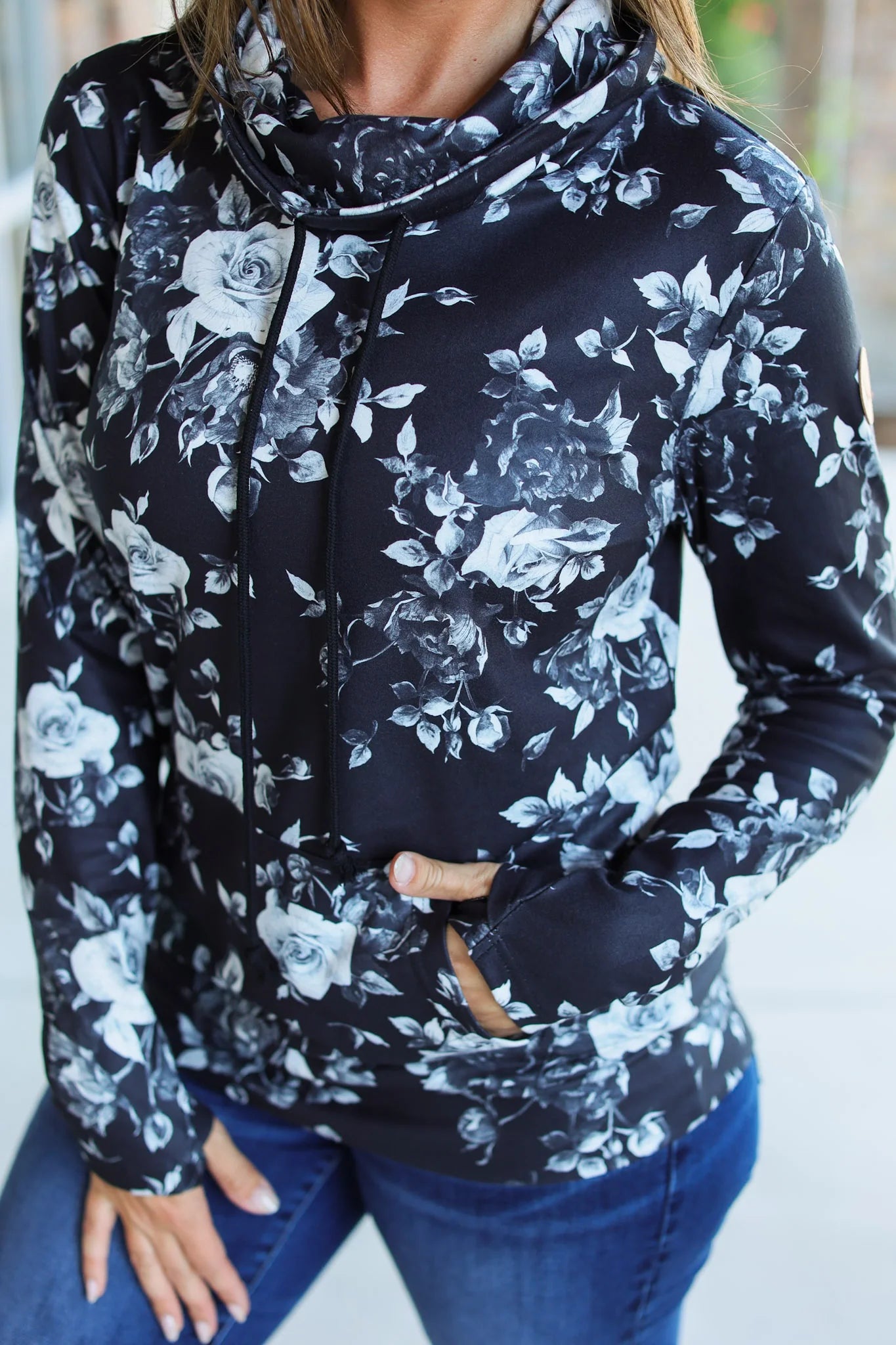 Black Floral Print Cowlneck Pullover