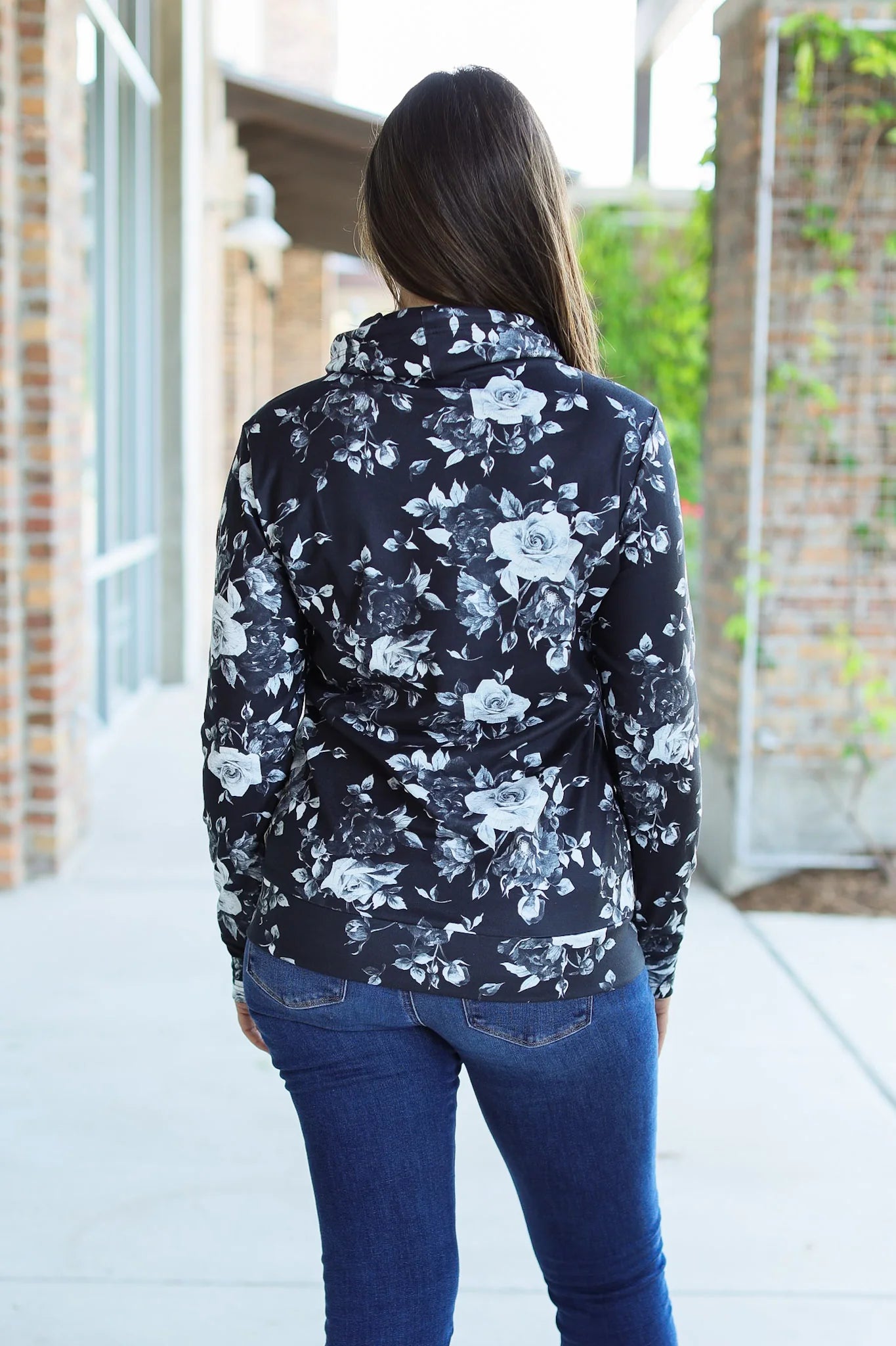 Black Floral Print Cowlneck Pullover