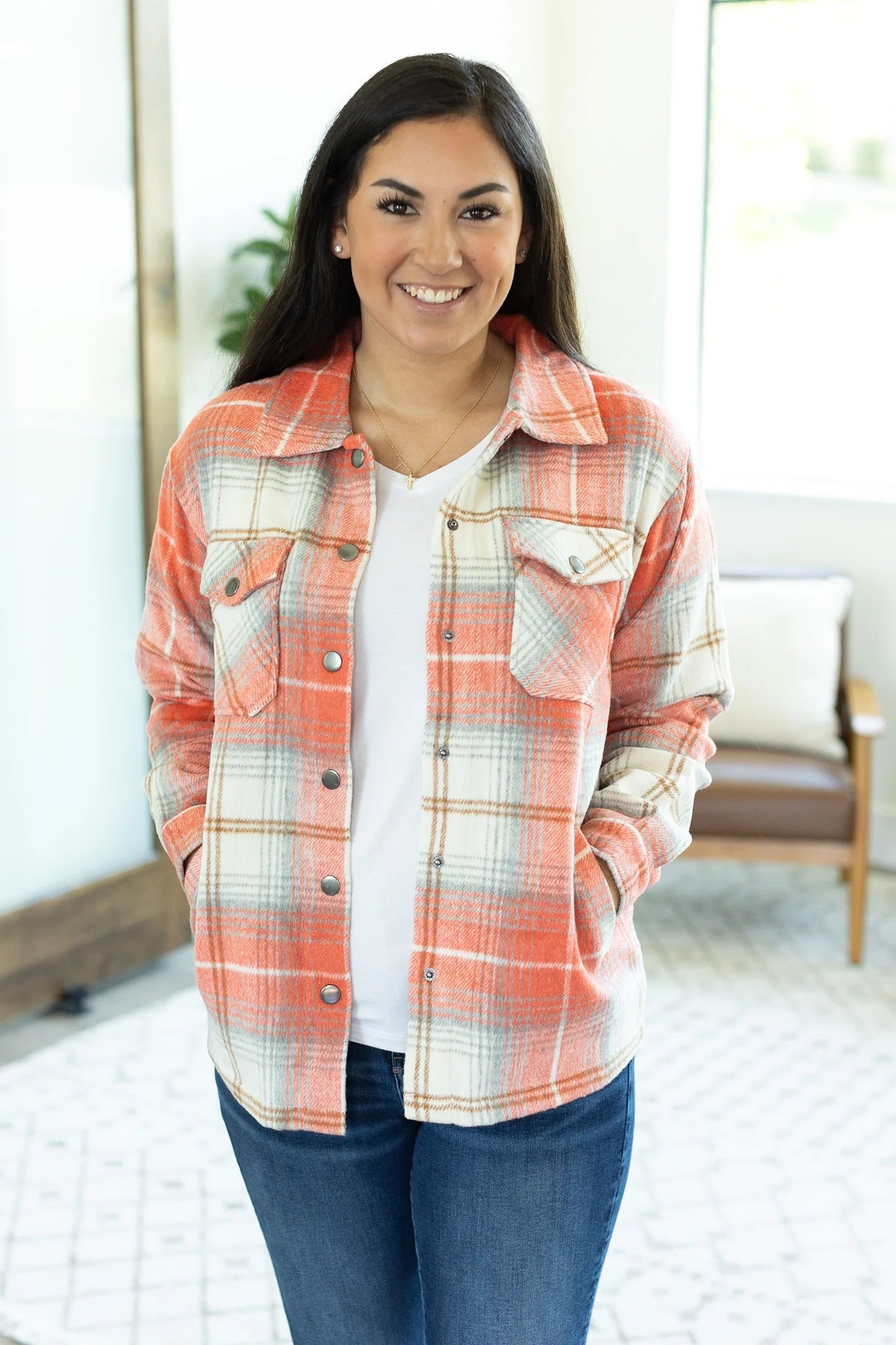 Coral Plaid Pocketed Shirt Jacket