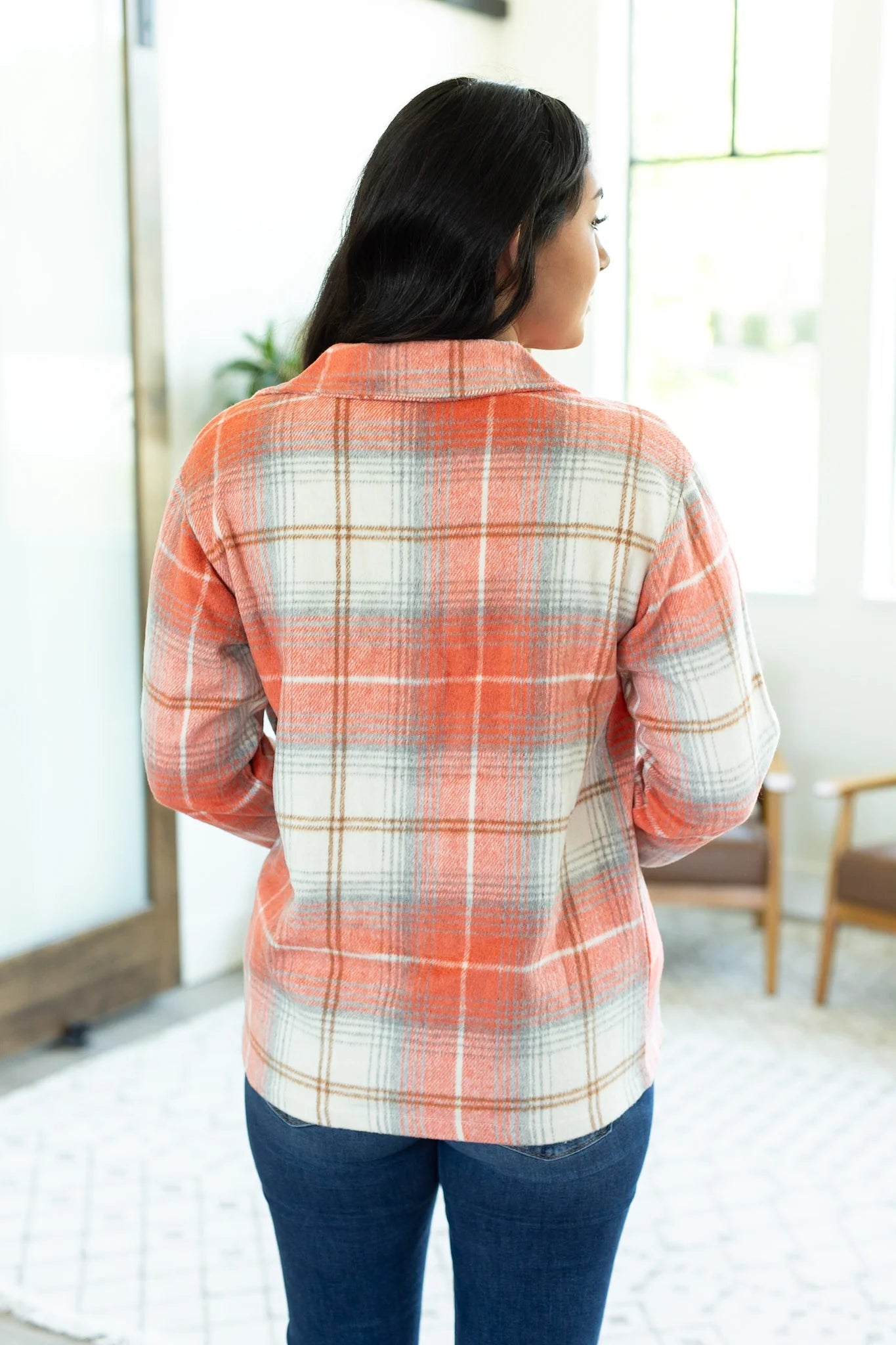 Coral Plaid Pocketed Shirt Jacket