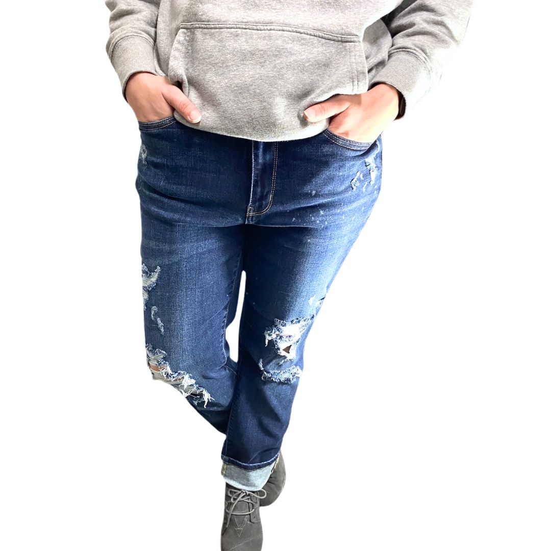 Dark Distressed Boyfriend Fit Jeans