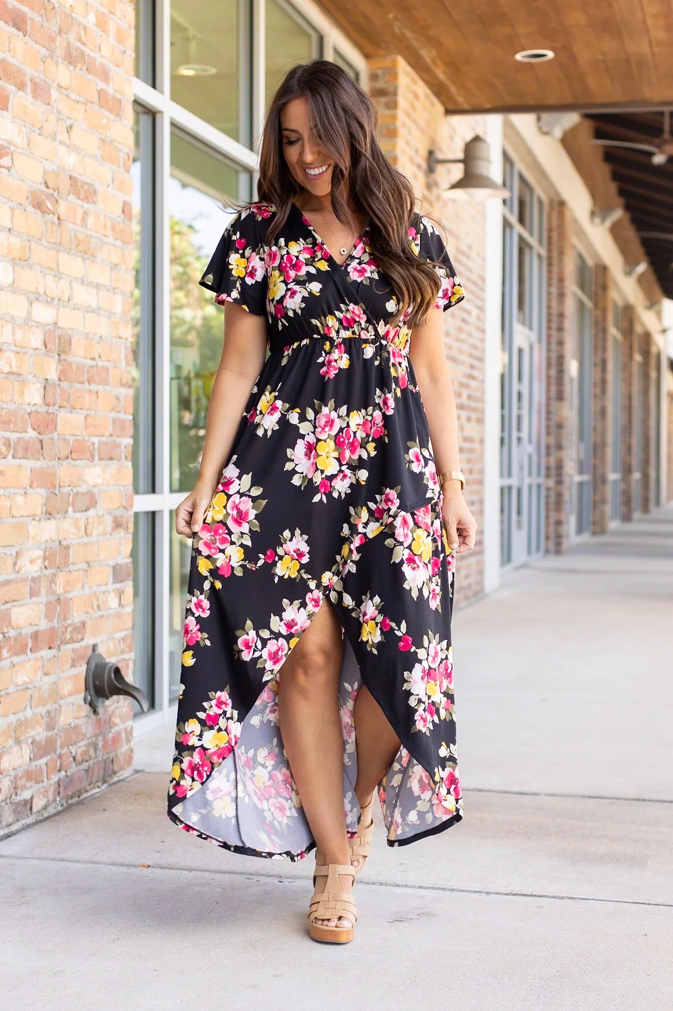 Floral Surplice Front Slit Maxi Dress