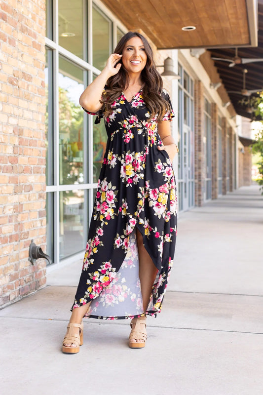 Floral Surplice Front Slit Maxi Dress