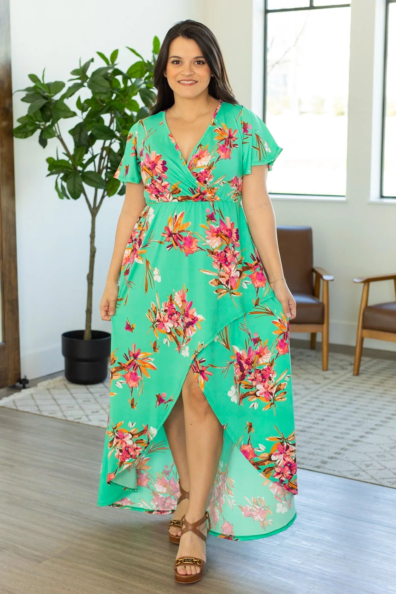 Floral Surplice Front Slit Maxi Dress