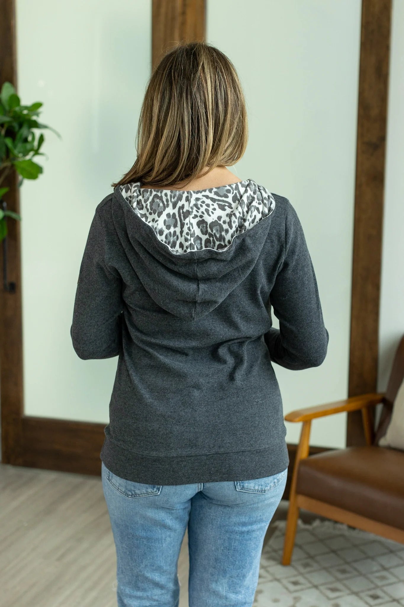 Grey Half Zip Leopard Accent Pullover