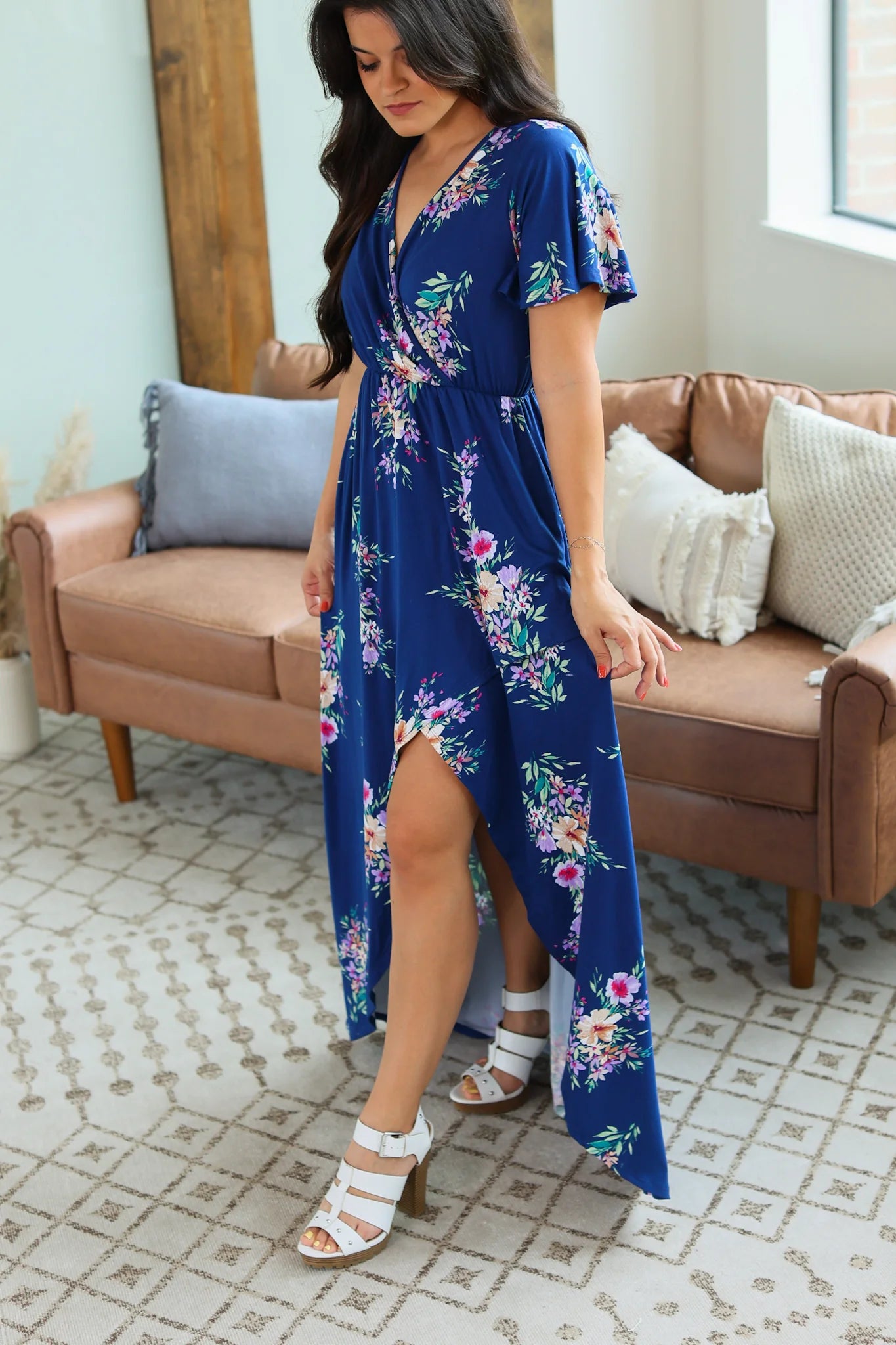 Floral Surplice Front Slit Maxi Dress