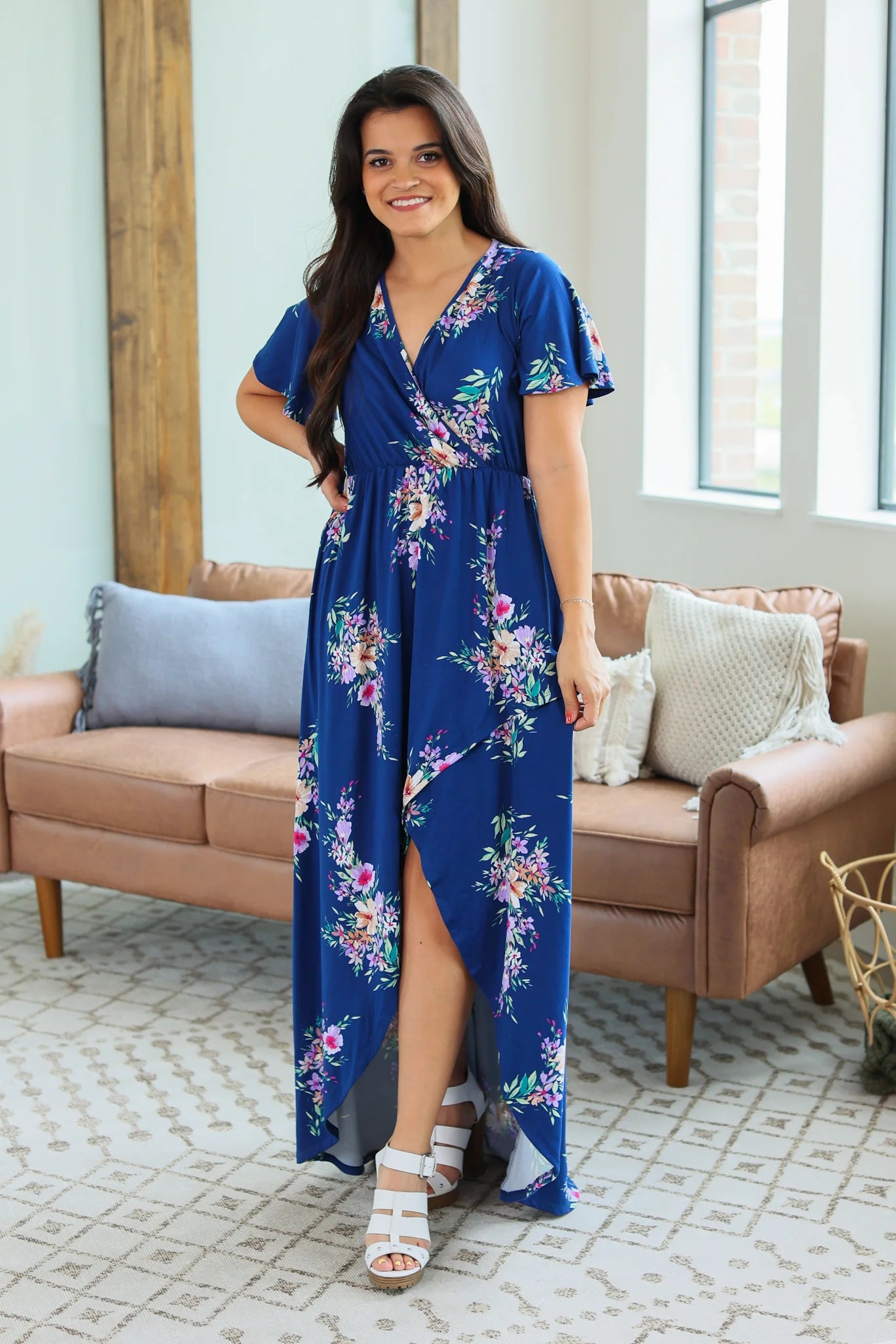 Floral Surplice Front Slit Maxi Dress