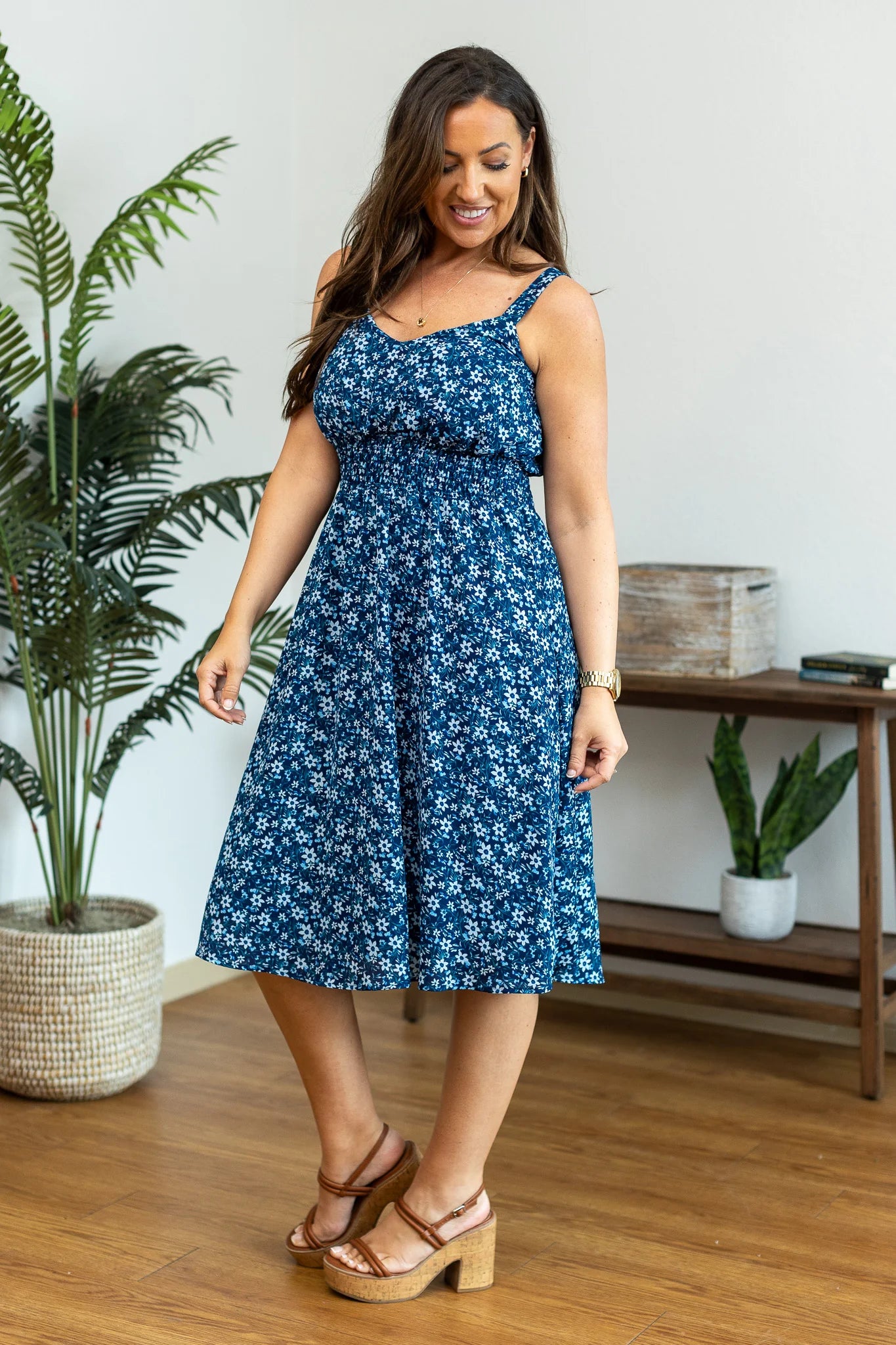 Floral Smocked High Waist Midi Dress