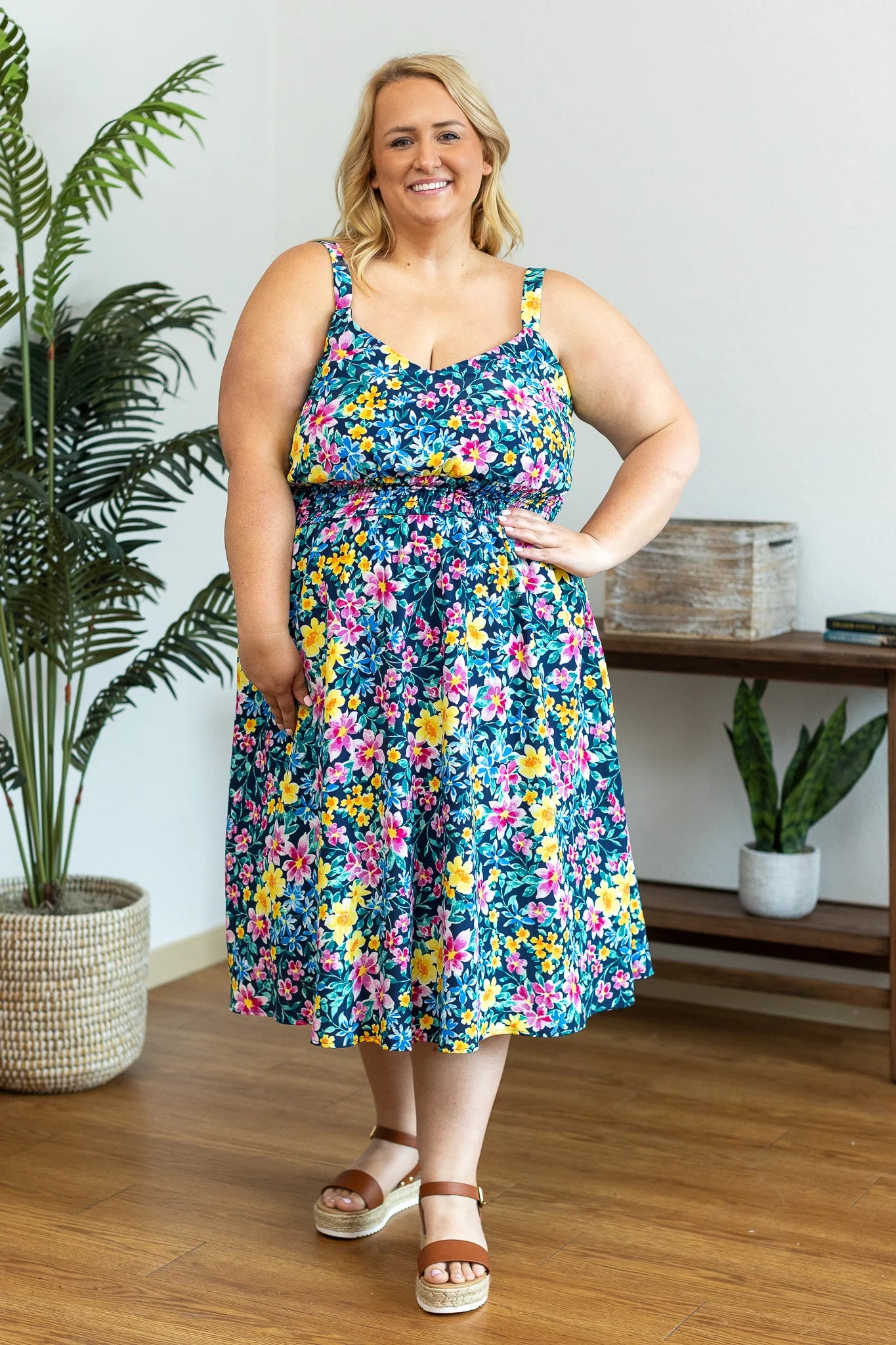 Floral Smocked High Waist Midi Dress