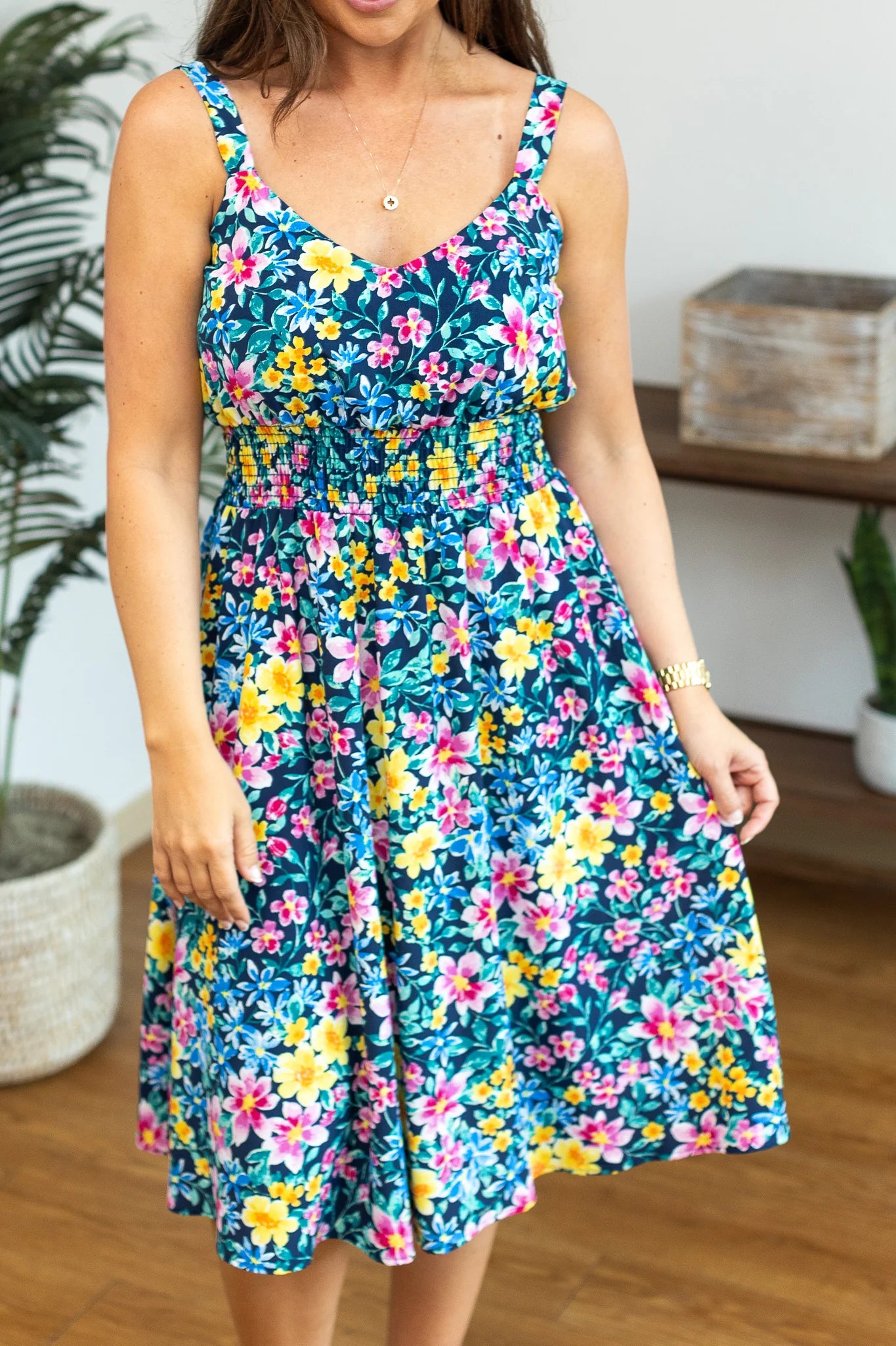 Floral Smocked High Waist Midi Dress