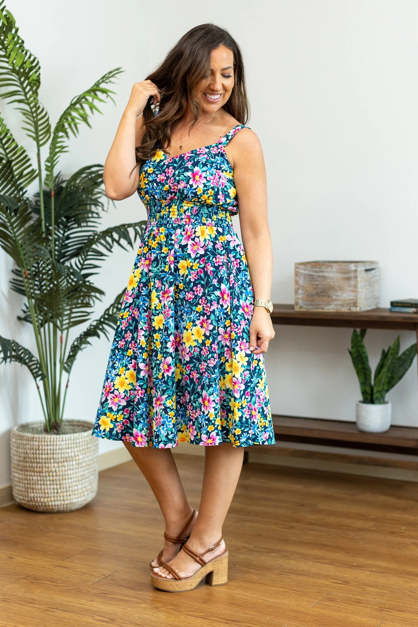 Floral Smocked High Waist Midi Dress