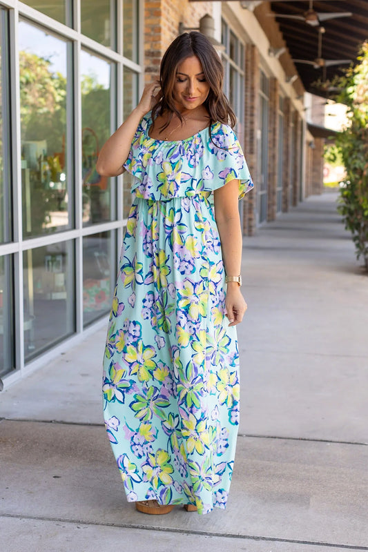 Mint Tropical Bloom Off Shoulder Maxi Dress