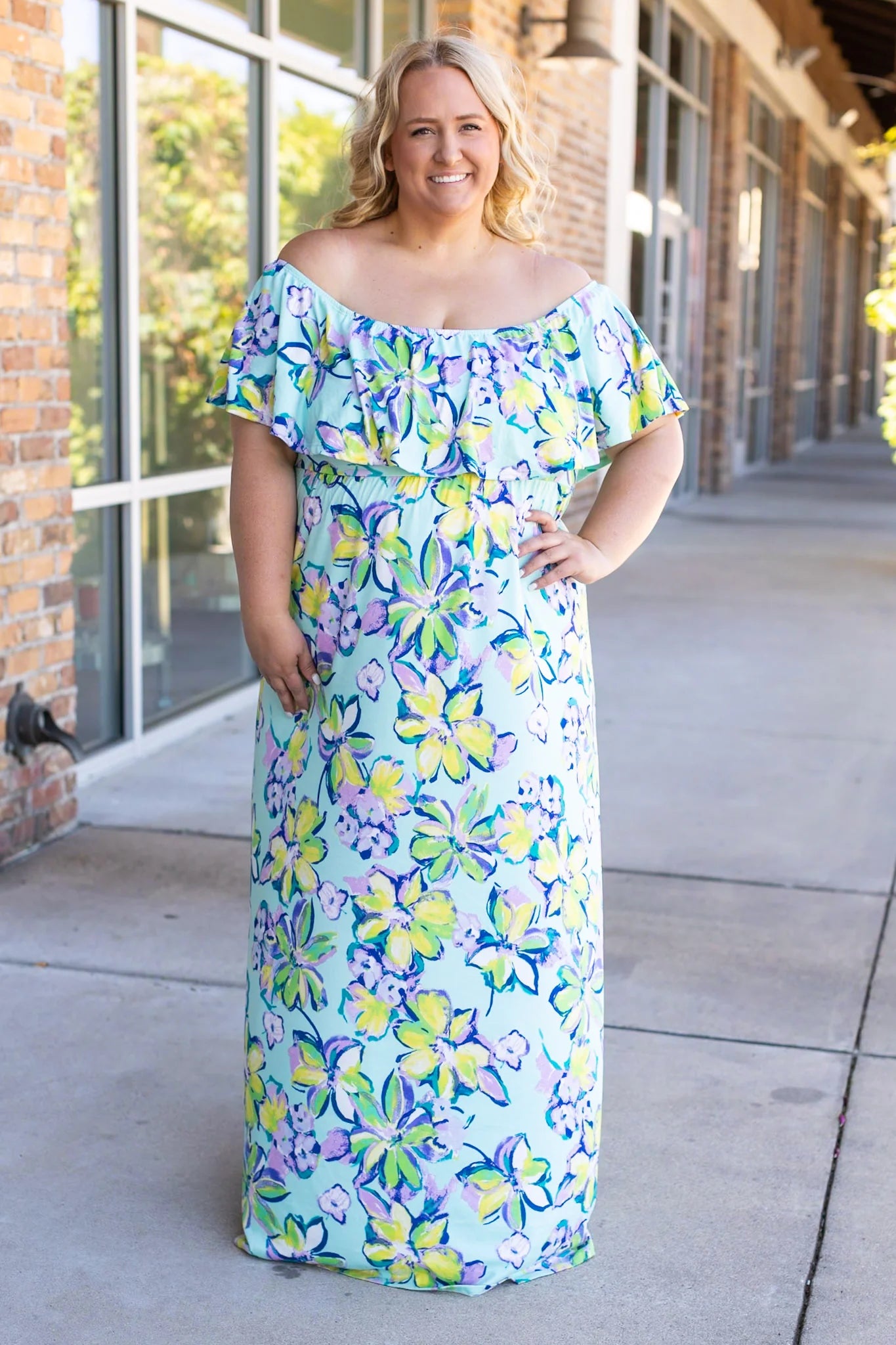 Mint Tropical Bloom Off Shoulder Maxi Dress