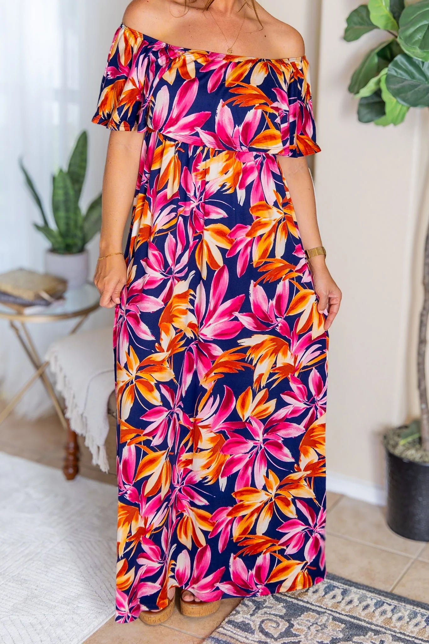 Tropical Bloom Off Shoulder Maxi Dress