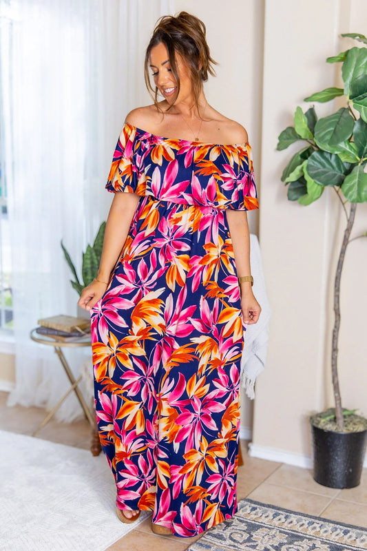 Tropical Bloom Off Shoulder Maxi Dress