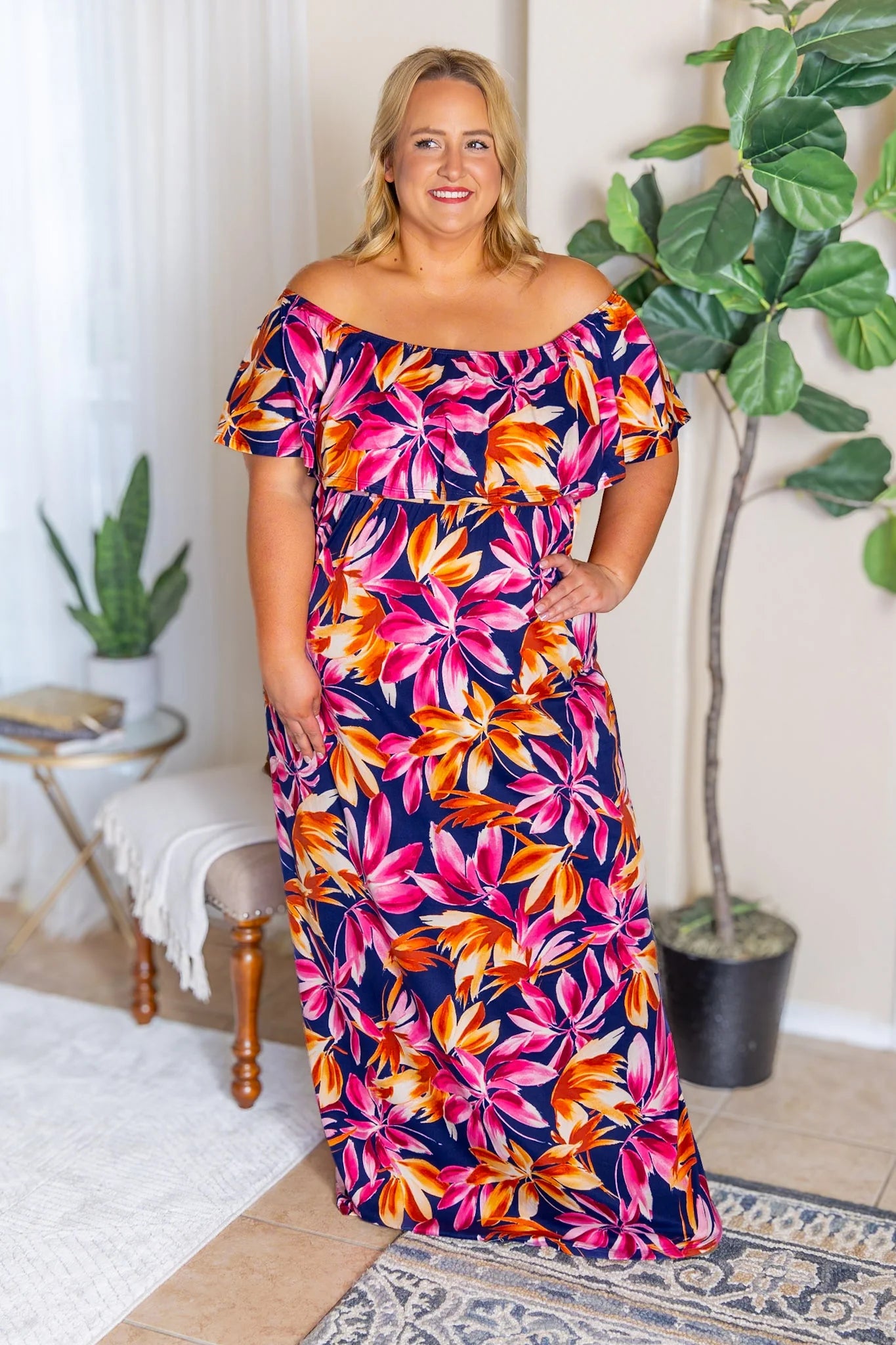 Tropical Bloom Off Shoulder Maxi Dress