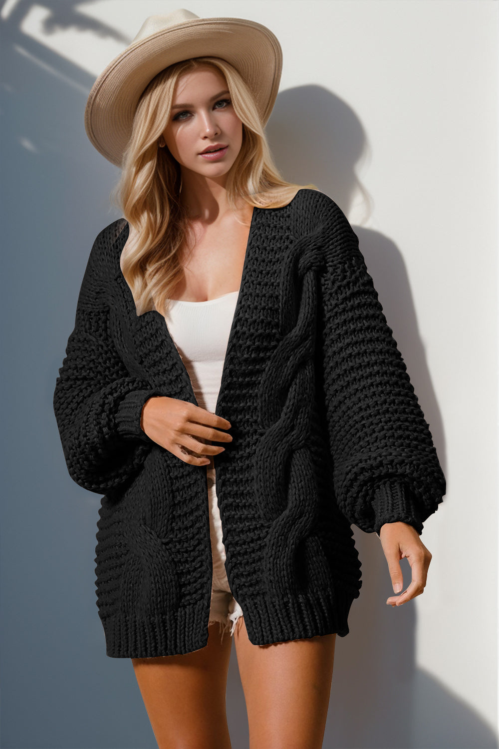 Open Front Solid Cable Knit Cardigan