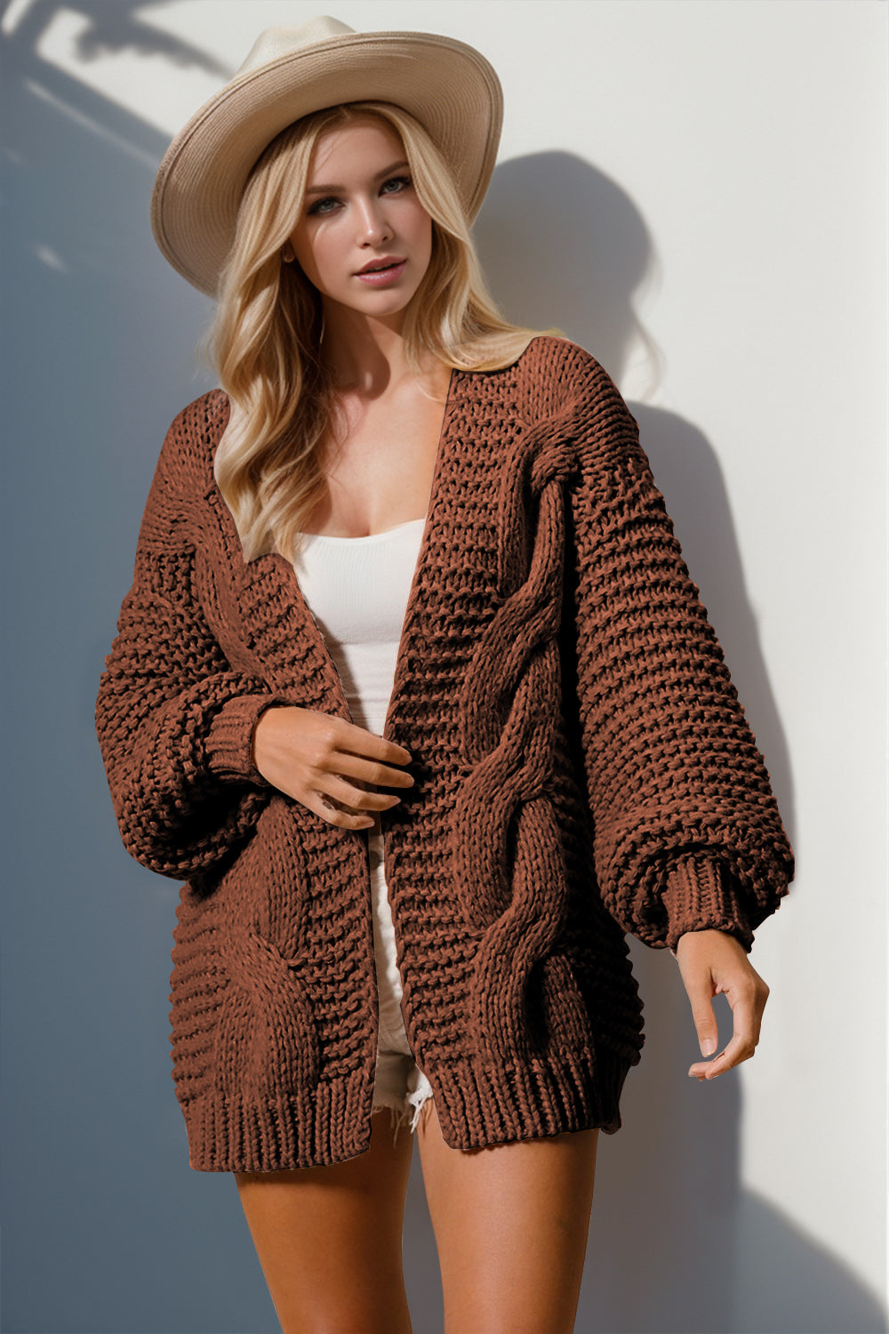 Open Front Solid Cable Knit Cardigan