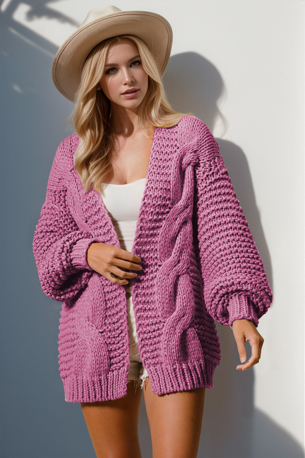 Open Front Solid Cable Knit Cardigan