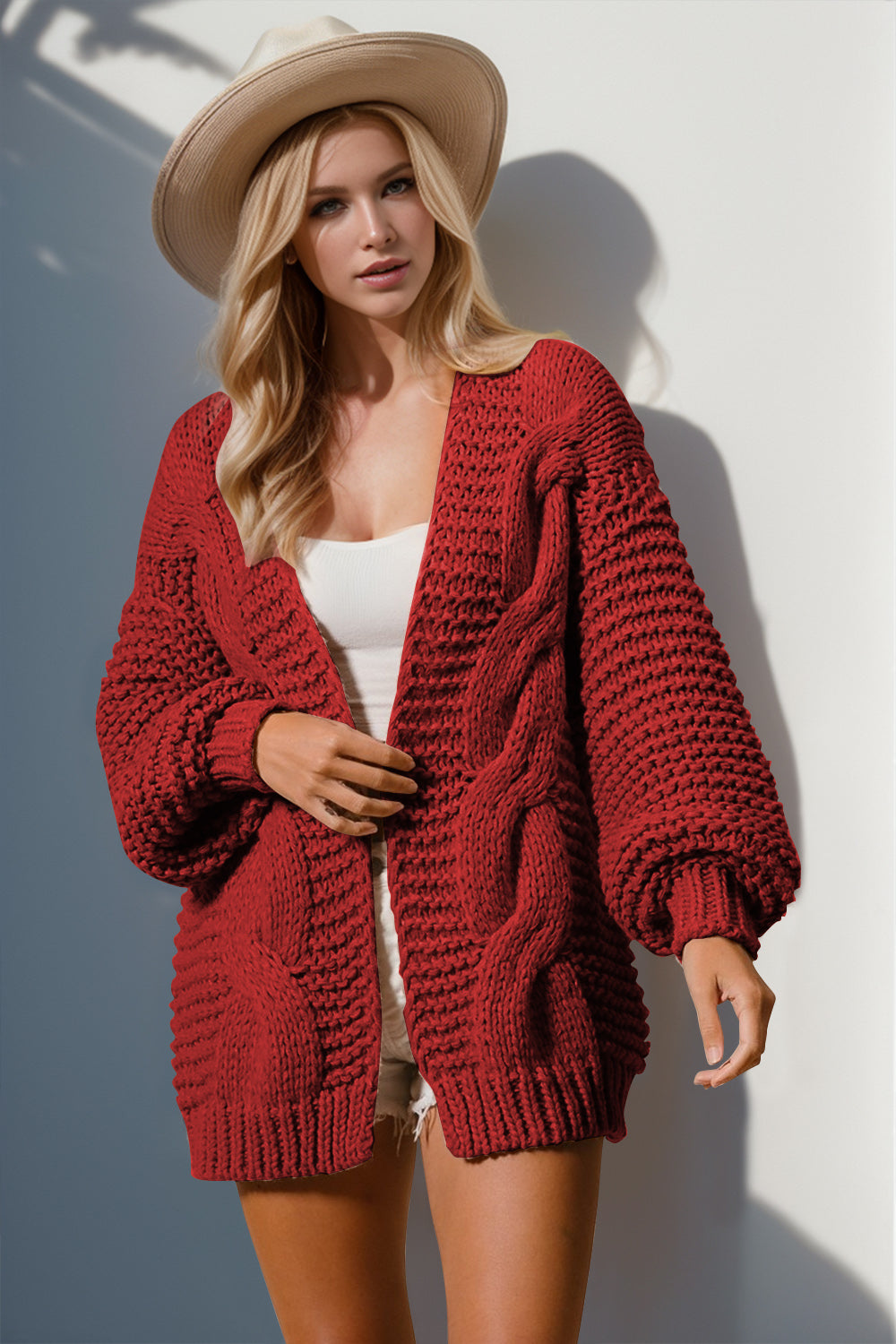 Open Front Solid Cable Knit Cardigan