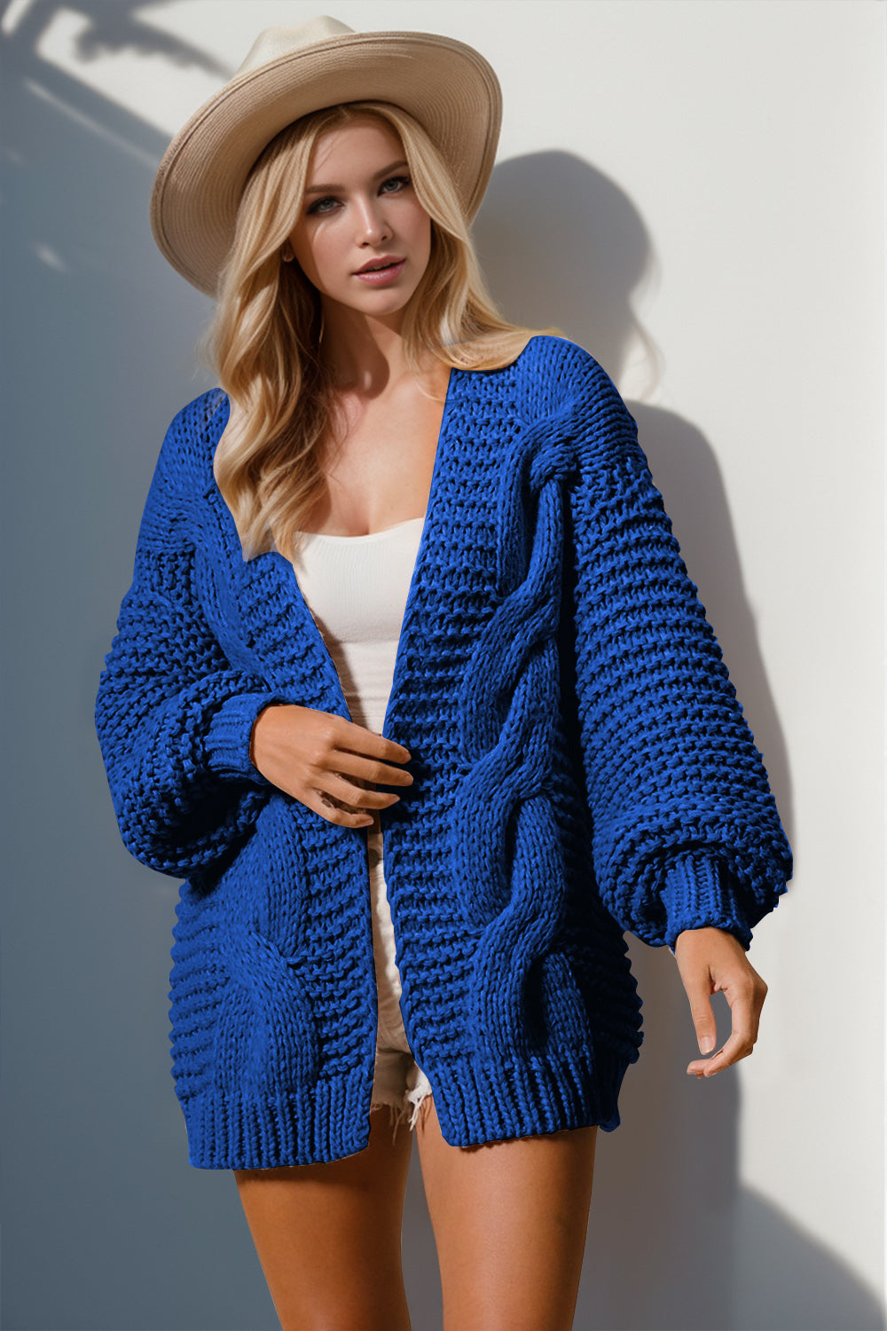 Open Front Solid Cable Knit Cardigan