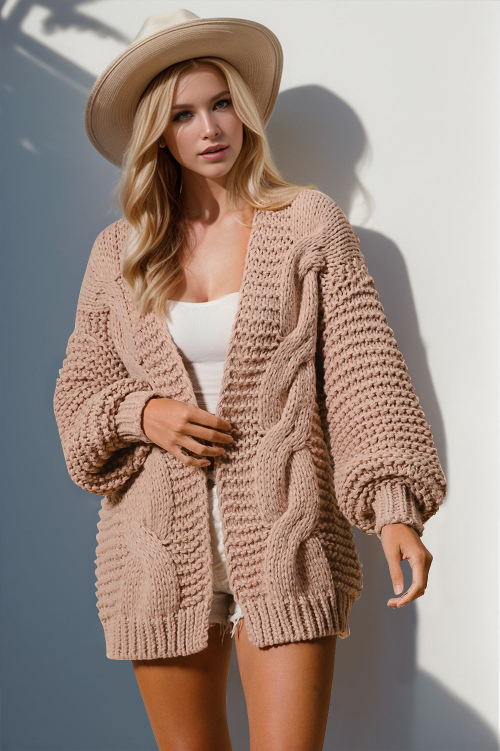 Open Front Solid Cable Knit Cardigan