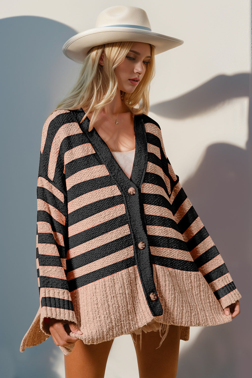 Button Front Side Slit Striped Cardigan