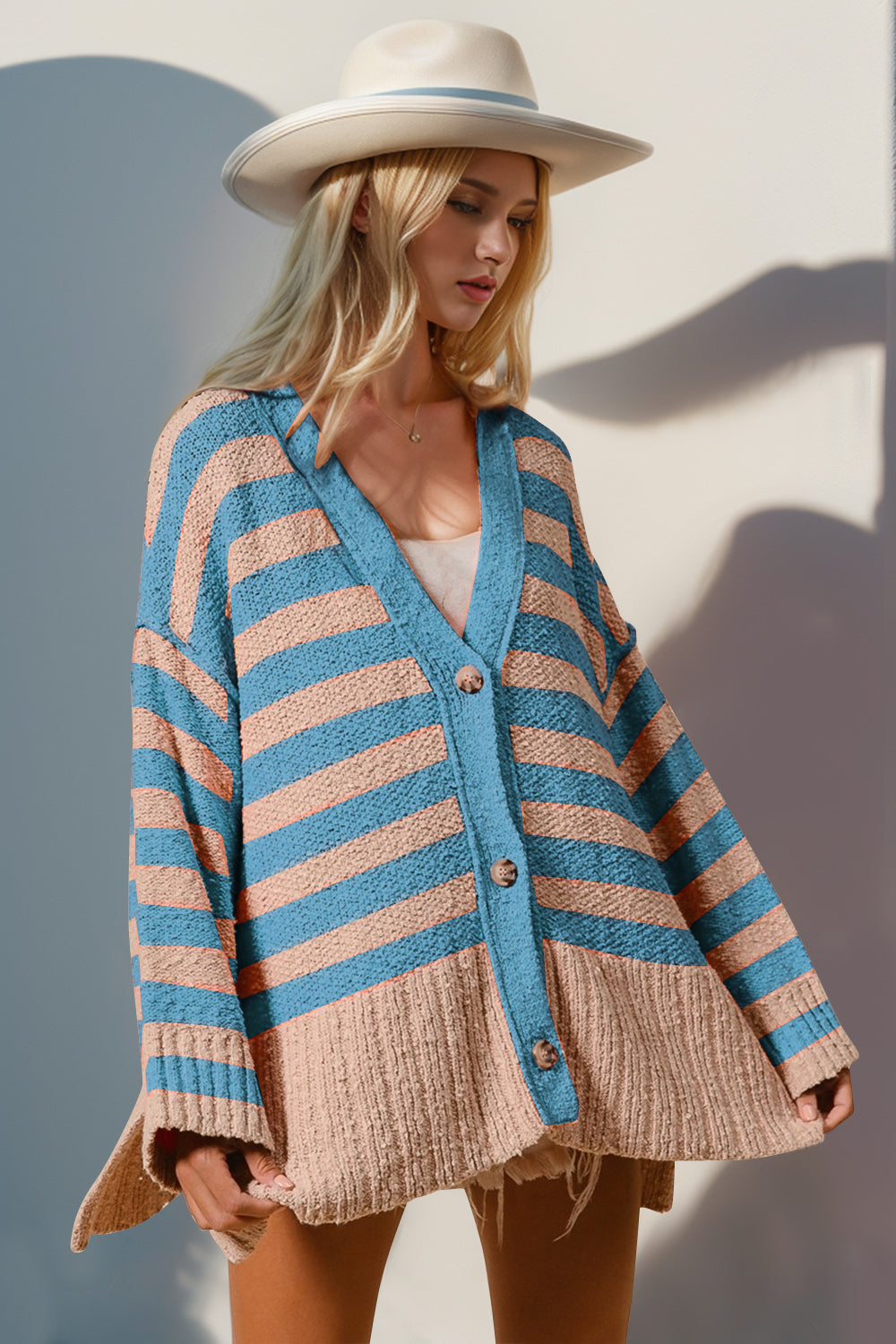 Button Front Side Slit Striped Cardigan