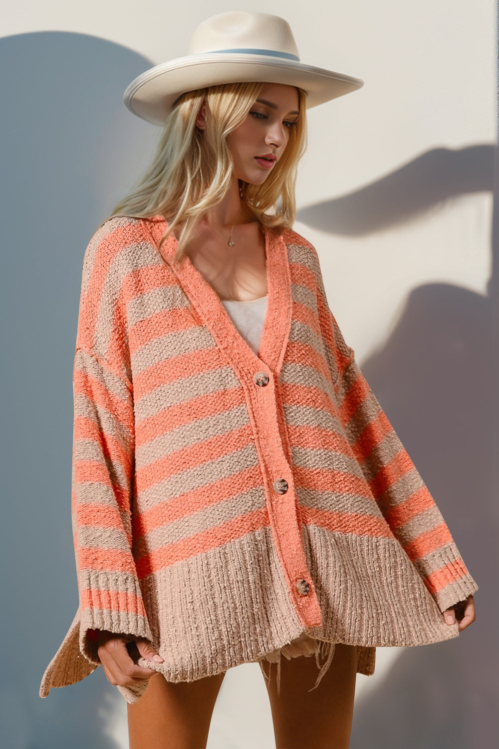 Button Front Side Slit Striped Cardigan