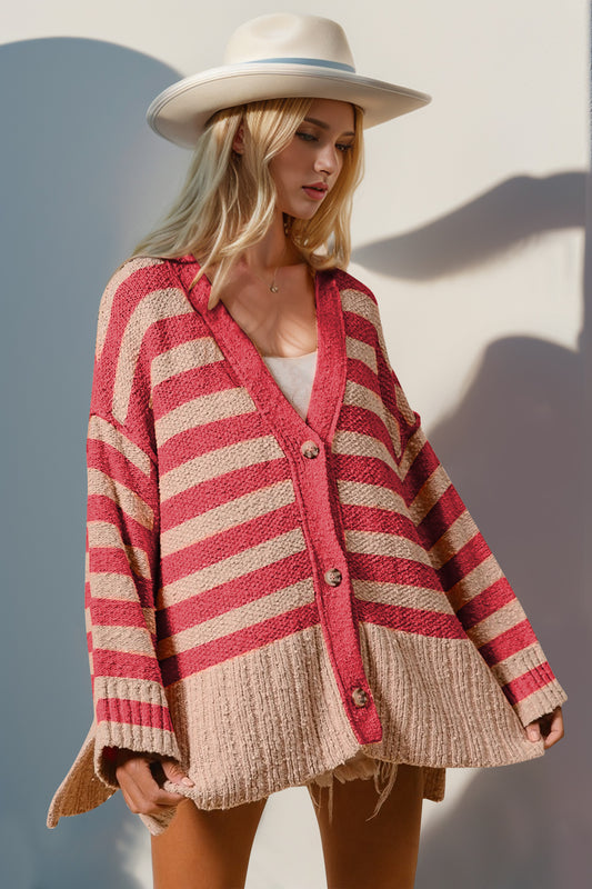 Button Front Side Slit Striped Cardigan