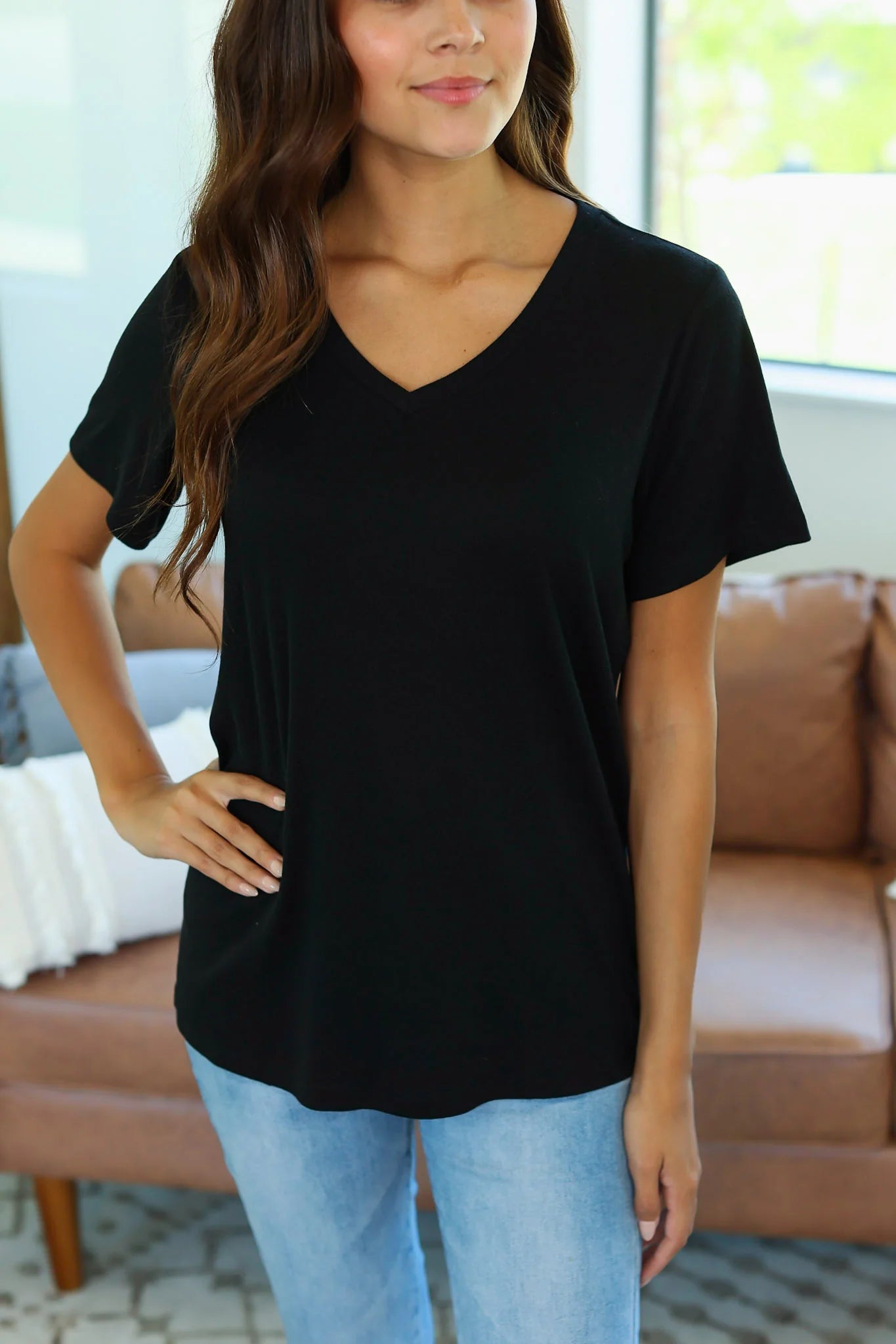 V-Neck Solid Short Sleeve Top