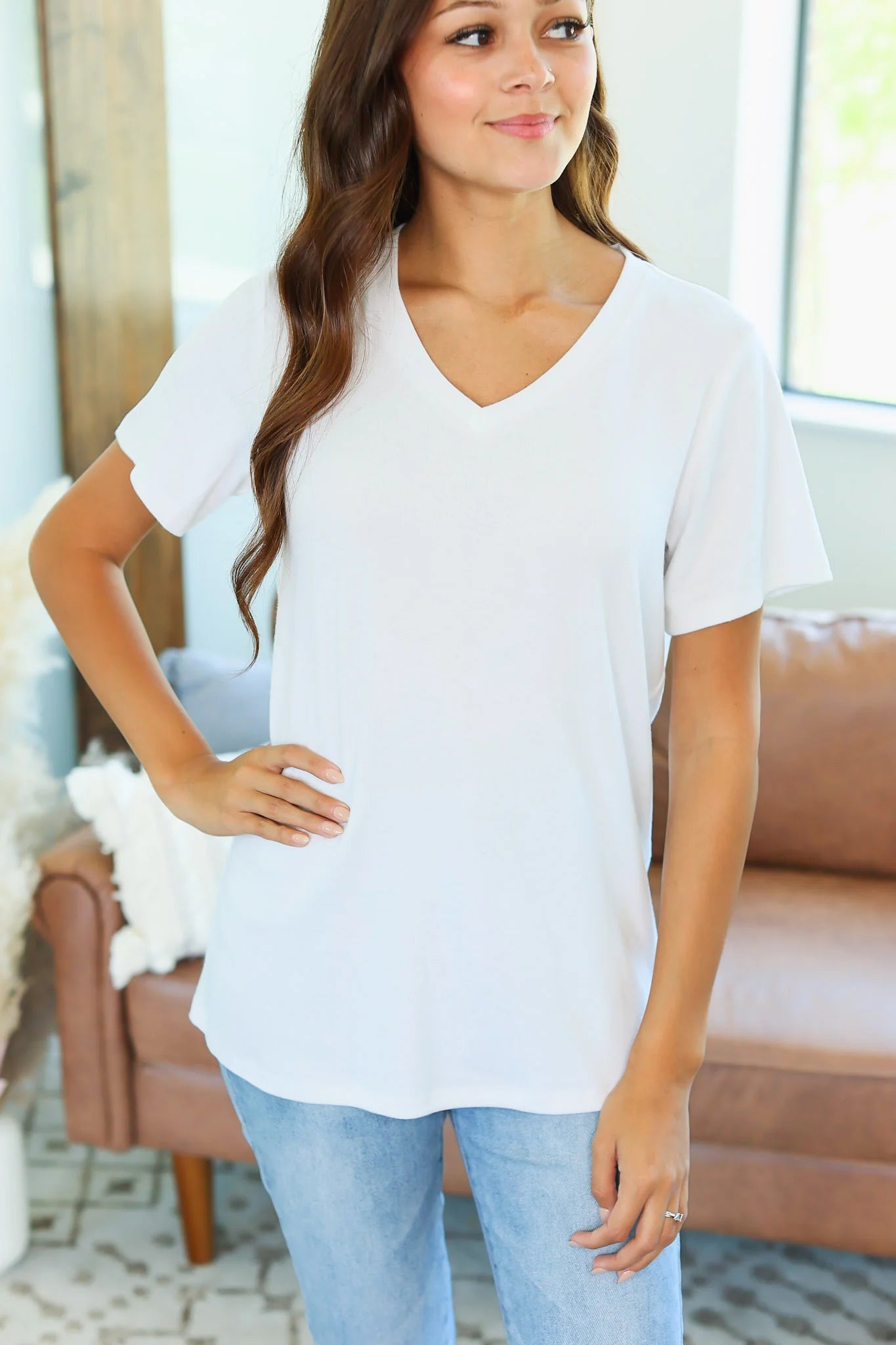 V-Neck Solid Short Sleeve Top