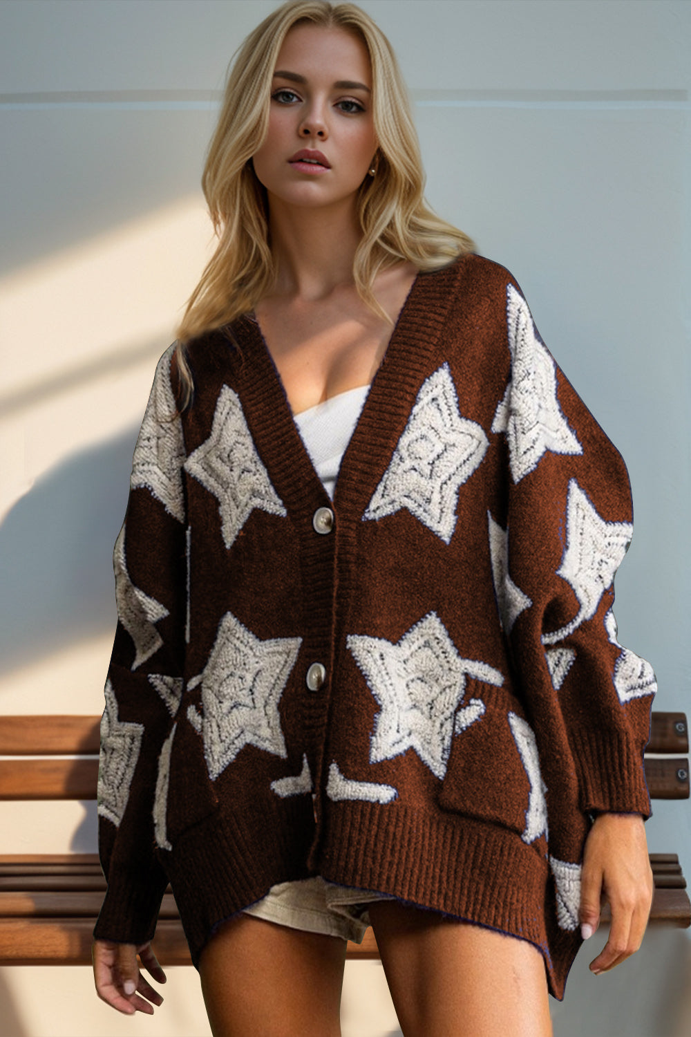 Star Accent Button Front Dark Cardigan