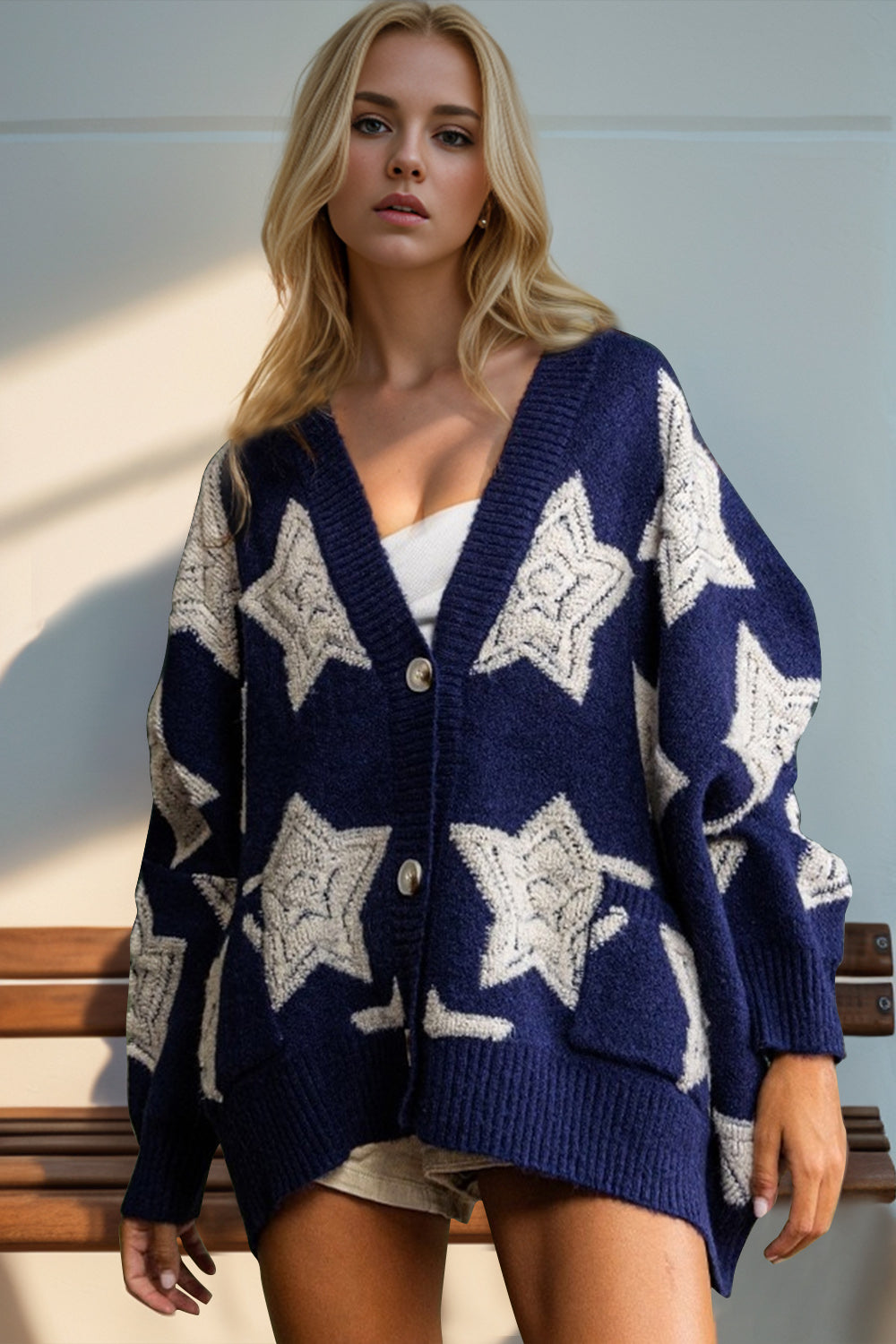 Star Accent Button Front Dark Cardigan