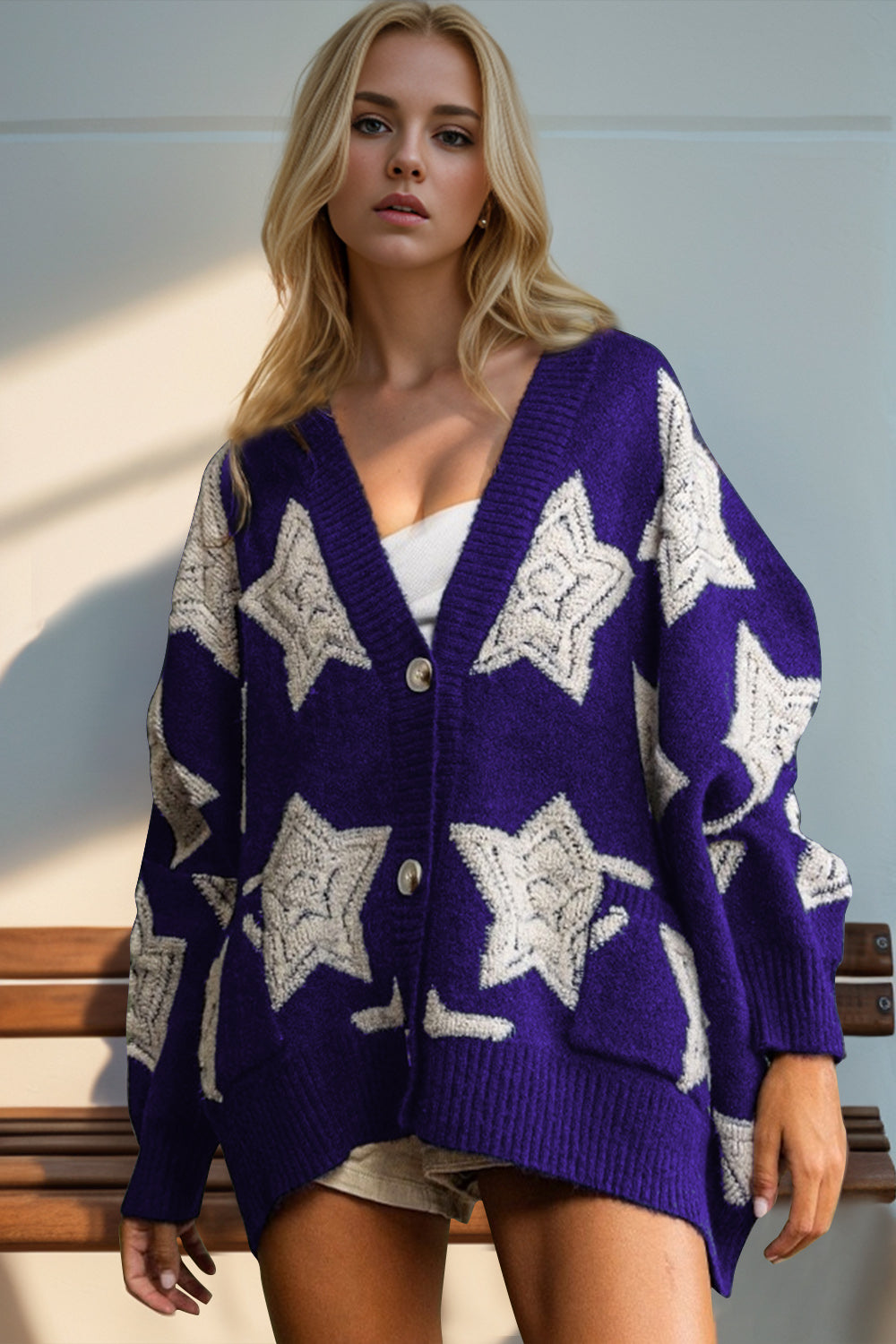 Star Accent Button Front Dark Cardigan