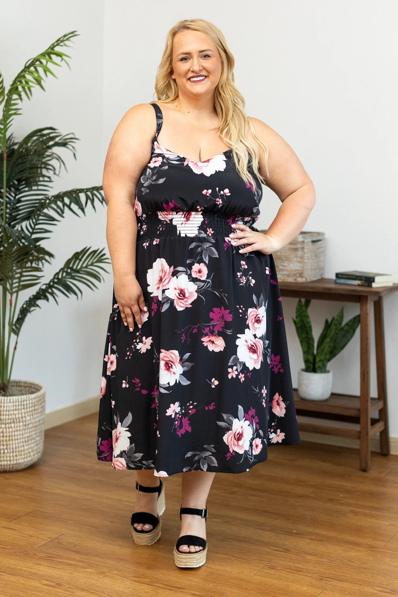 Floral Smocked High Waist Midi Dress