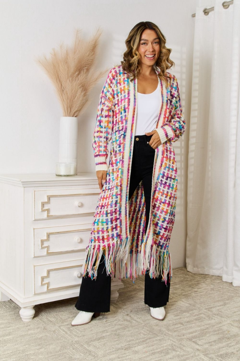 Multi-Color Knit Fringed Hem Cardigan