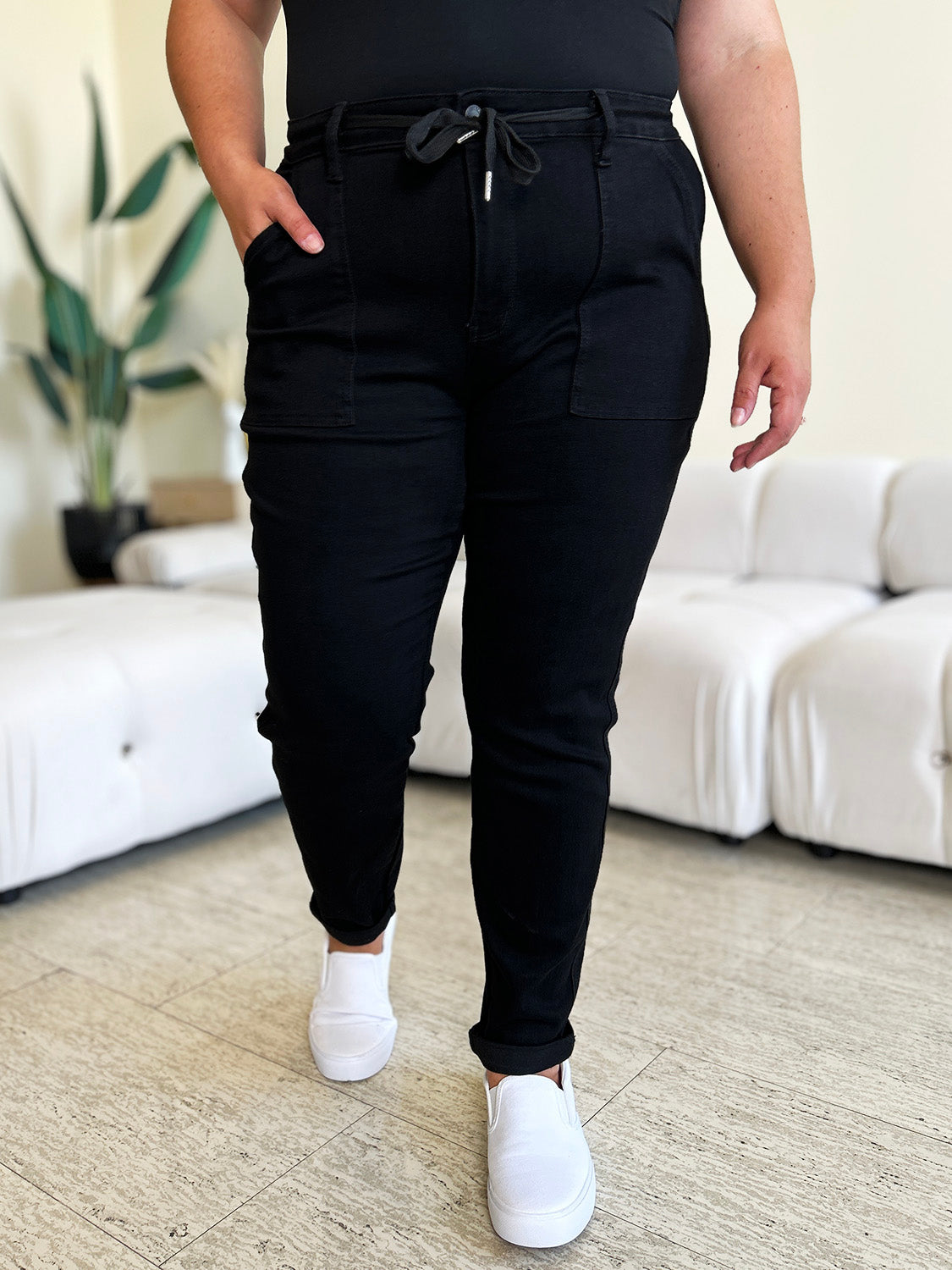 Black High Waist Double Roll Cuff Jeans