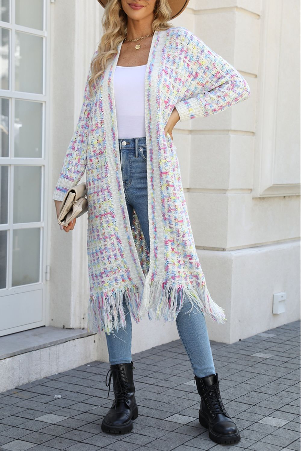 Multi-Color Knit Fringed Hem Cardigan