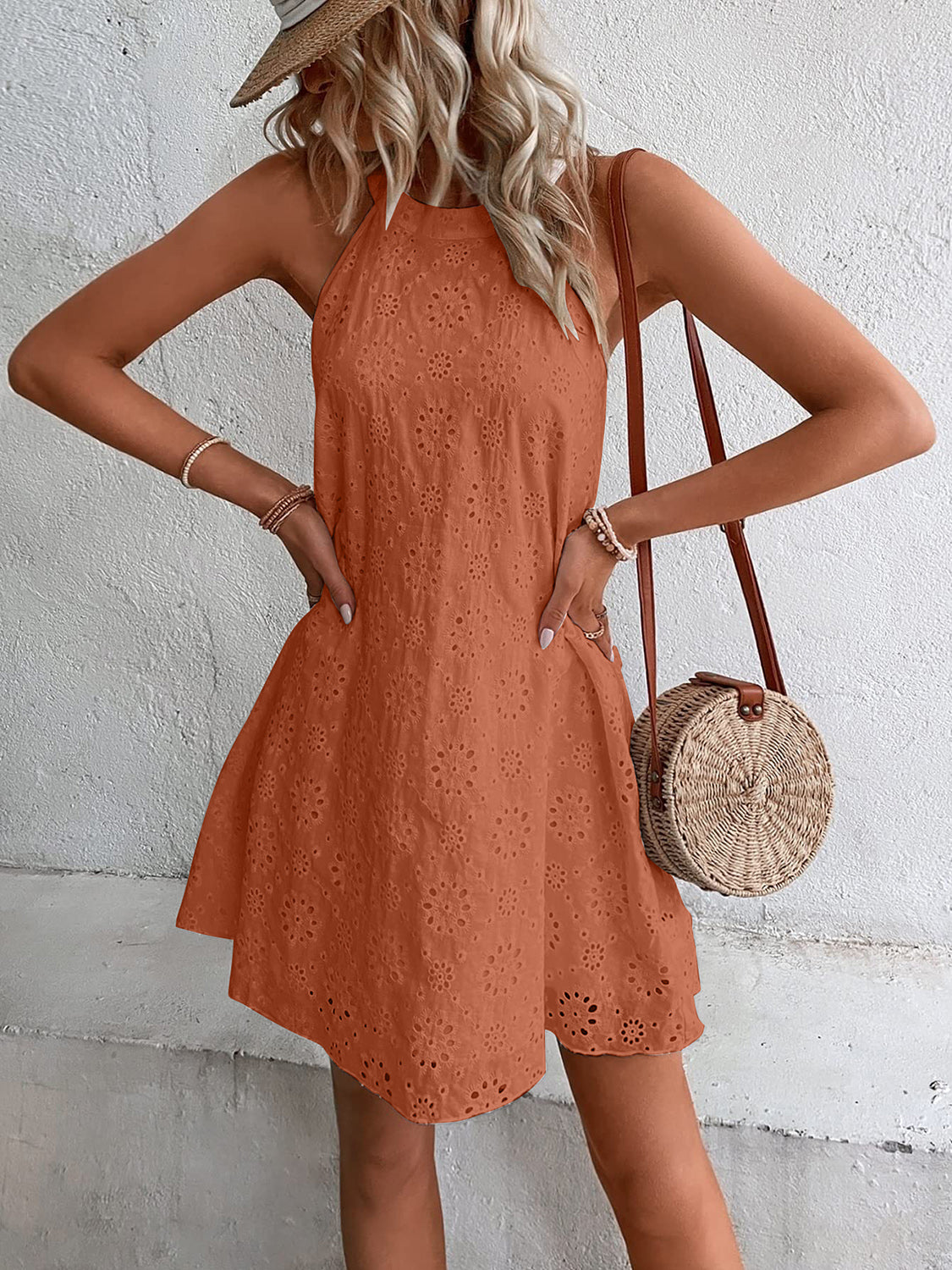 Eyelet Grecian Neck Mini Dress